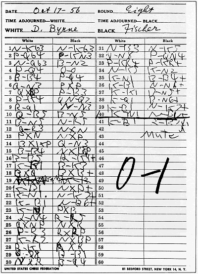 Scoresheet of Byrne vs Fischer, 1956 dubbed The Game of theCentury